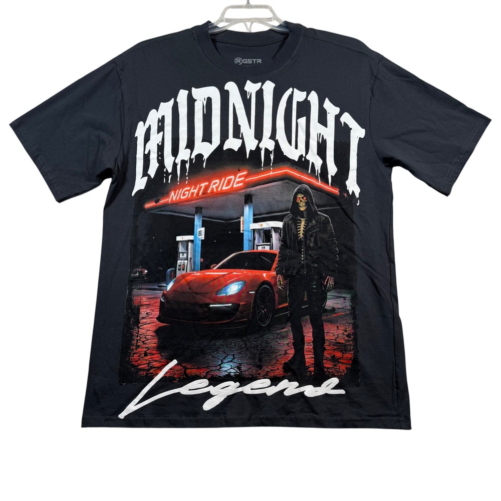 RGSTR Graphic T-Shirt Men Medium Black Midnight Night Ride Legend Skeleton Car